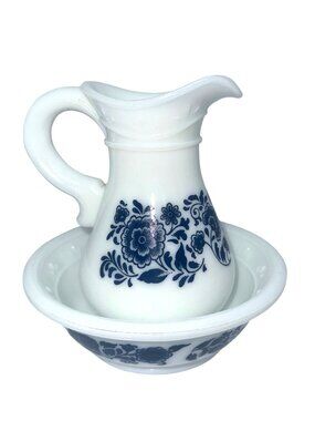 Vintage 1970s Avon Milk Glass Pitcher and Basin with Deft Blue Floral Pattern
